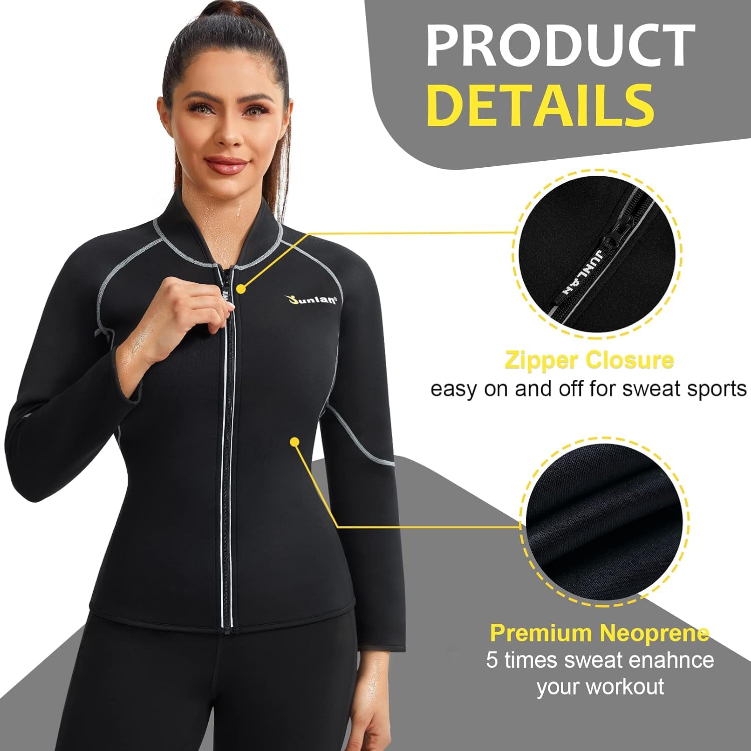 Neoprene Long Sleeves Sauna Shirt Top Workout Hot Slimming Suit Workout Exercise Zipper Workout Shirt (Black Sauna Suit, S)