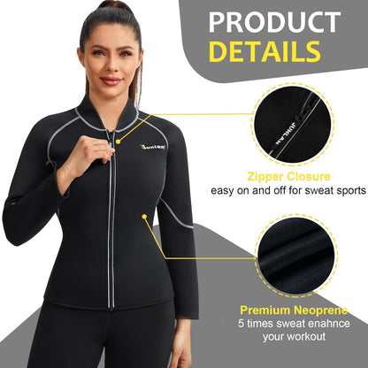 Neoprene Long Sleeves Sauna Shirt Top Workout Hot Slimming Suit Workout Exercise Zipper Workout Shirt (Black Sauna Suit, S)