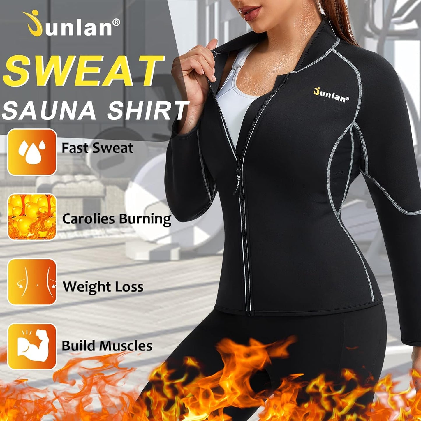 Neoprene Long Sleeves Sauna Shirt Top Workout Hot Slimming Suit Workout Exercise Zipper Workout Shirt (Black Sauna Suit, S)