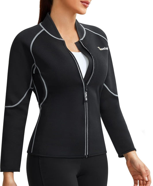 Neoprene Long Sleeves Sauna Shirt Top Workout Hot Slimming Suit Workout Exercise Zipper Workout Shirt (Black Sauna Suit, S)