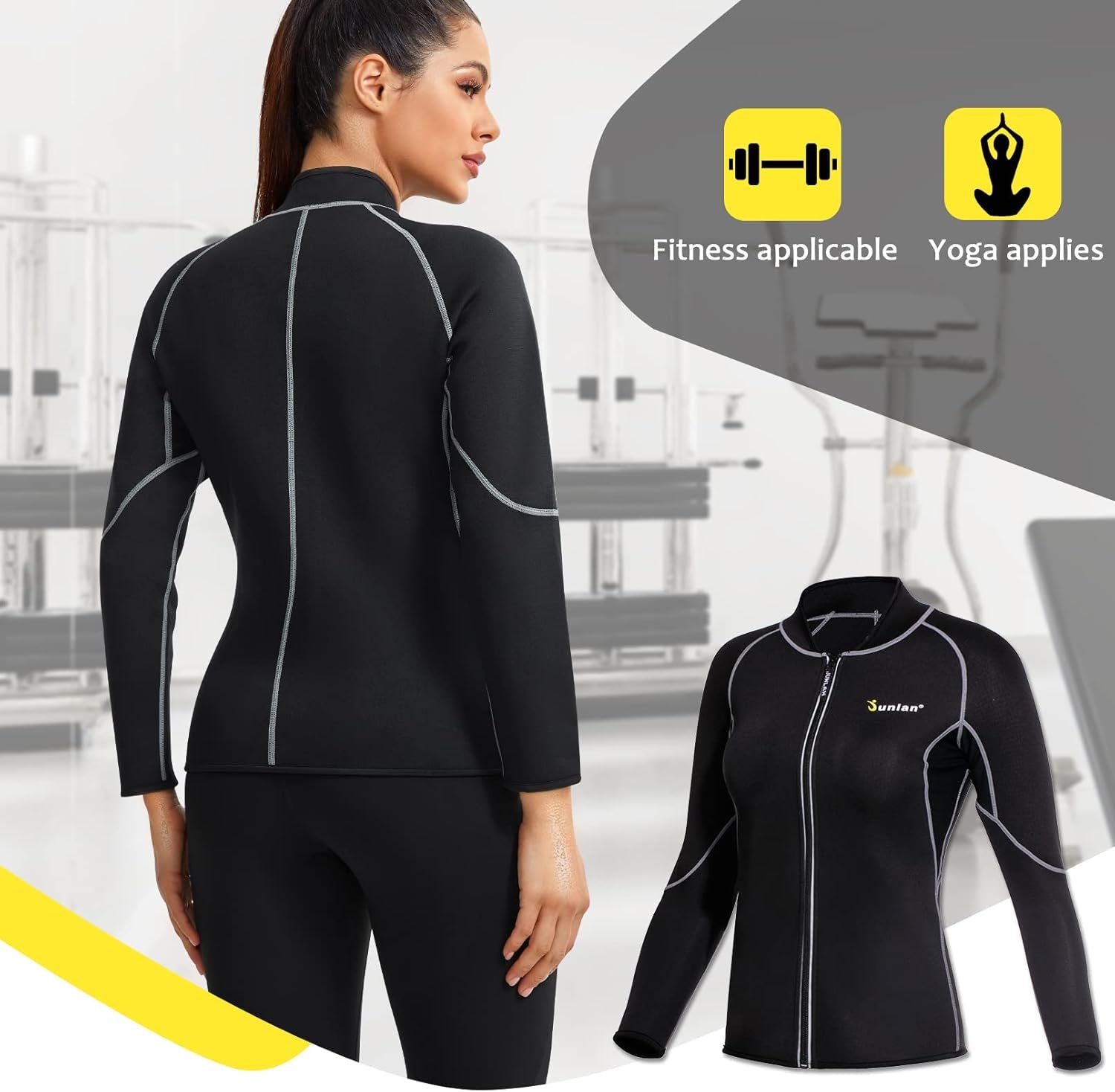 Neoprene Long Sleeves Sauna Shirt Top Workout Hot Slimming Suit Workout Exercise Zipper Workout Shirt (Black Sauna Suit, S)