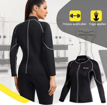 Neoprene Long Sleeves Sauna Shirt Top Workout Hot Slimming Suit Workout Exercise Zipper Workout Shirt (Black Sauna Suit, S)